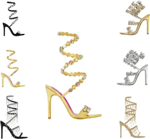 Women Rhinestone Chandelier Tassel Wrap Around Heels Open Round Toe Spiral Twist Around Colorful Heels Prom High Heel Sandal
