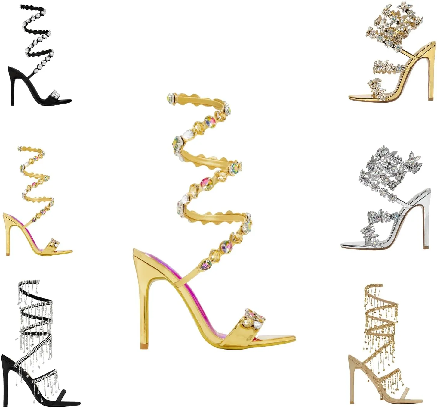 Women Rhinestone Chandelier Tassel Wrap Around Heels Open Round Toe Spiral Twist Around Colorful Heels Prom High Heel Sandal