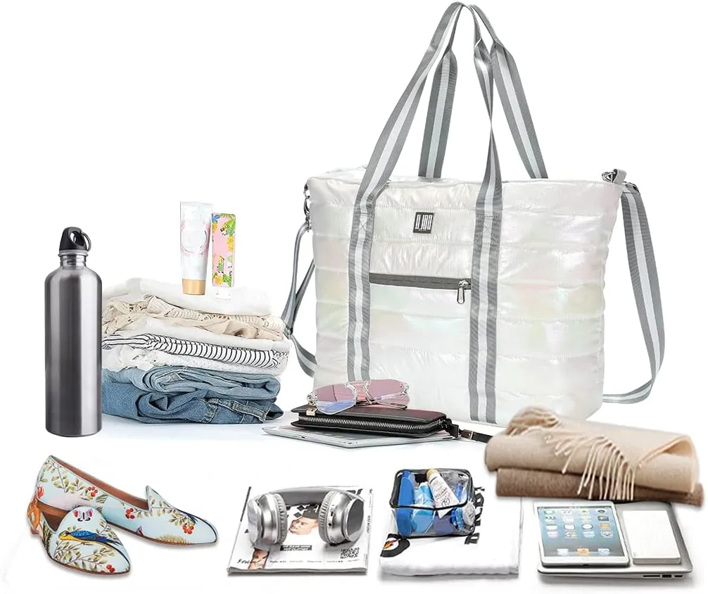 Women Tote Bag, Quilted Puffer Work Shoulder Bag with Laptop Compartment Trolley Sleeve, Large Puffy Travel Handbag
