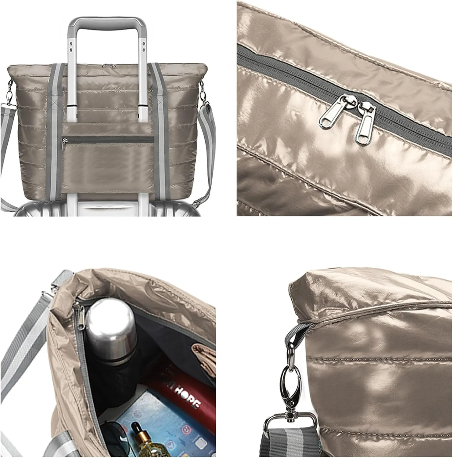 Women Tote Bag, Quilted Puffer Work Shoulder Bag with Laptop Compartment Trolley Sleeve, Large Puffy Travel Handbag