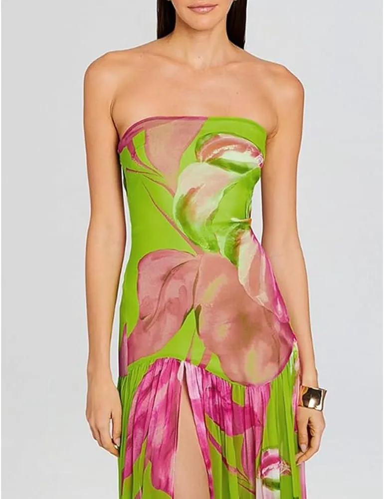 Women Tube Top Dress Tiger Stripe Mesh Patchwork Maxi Dress Strapless Sexy High Slit Long Dresses Party Clubwear