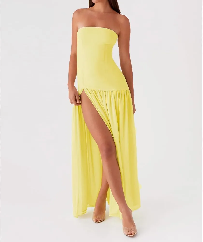 Women Tube Top Dress Tiger Stripe Mesh Patchwork Maxi Dress Strapless Sexy High Slit Long Dresses Party Clubwear