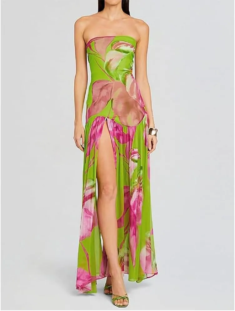 Women Tube Top Dress Tiger Stripe Mesh Patchwork Maxi Dress Strapless Sexy High Slit Long Dresses Party Clubwear