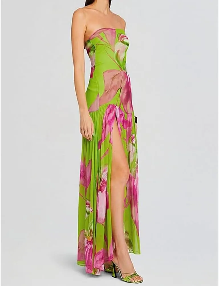 Women Tube Top Dress Tiger Stripe Mesh Patchwork Maxi Dress Strapless Sexy High Slit Long Dresses Party Clubwear