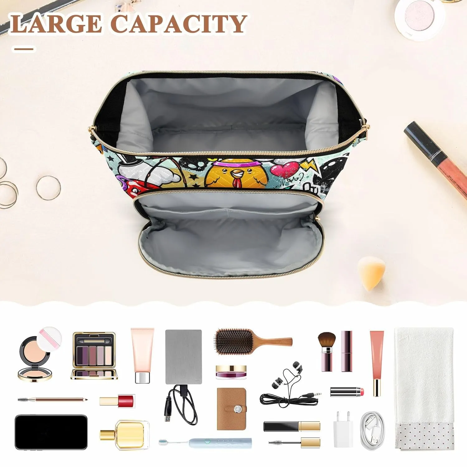 Women Wave Quilt Cosmetic Bag, Zipper Toiletry Storage 10.2x5.9x6.7 in, Pouch Handbag Makeup Case Purse Holder Organizer Print Graffiti Bizarre Zombies Seamless