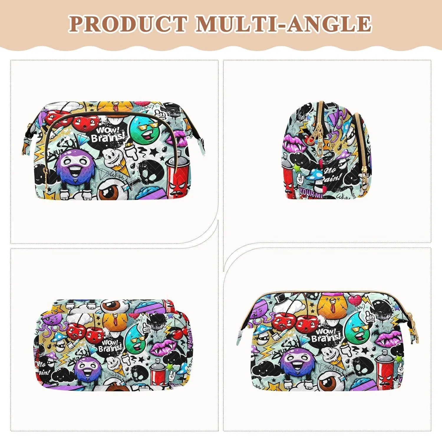 Women Wave Quilt Cosmetic Bag, Zipper Toiletry Storage 10.2x5.9x6.7 in, Pouch Handbag Makeup Case Purse Holder Organizer Print Graffiti Bizarre Zombies Seamless