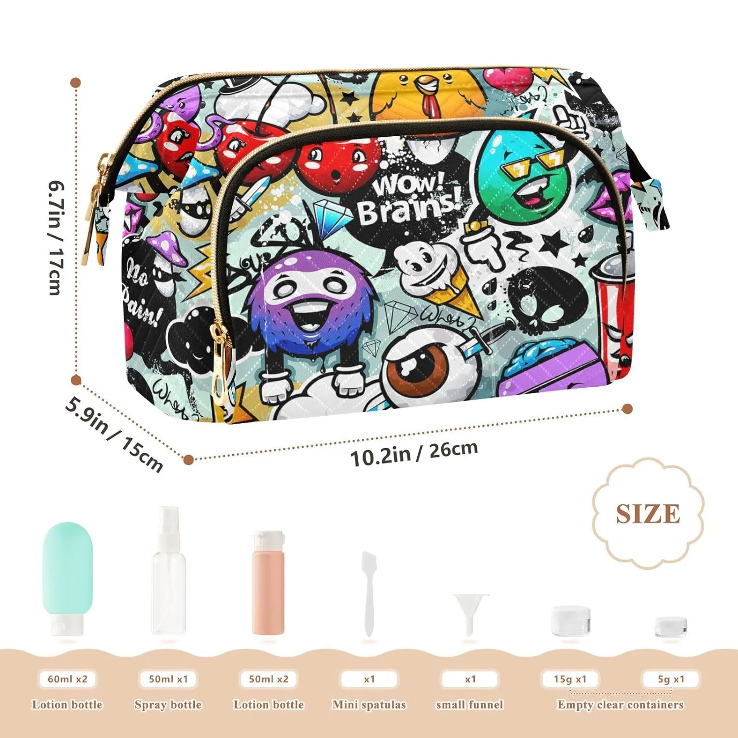 Women Wave Quilt Cosmetic Bag, Zipper Toiletry Storage 10.2x5.9x6.7 in, Pouch Handbag Makeup Case Purse Holder Organizer Print Graffiti Bizarre Zombies Seamless