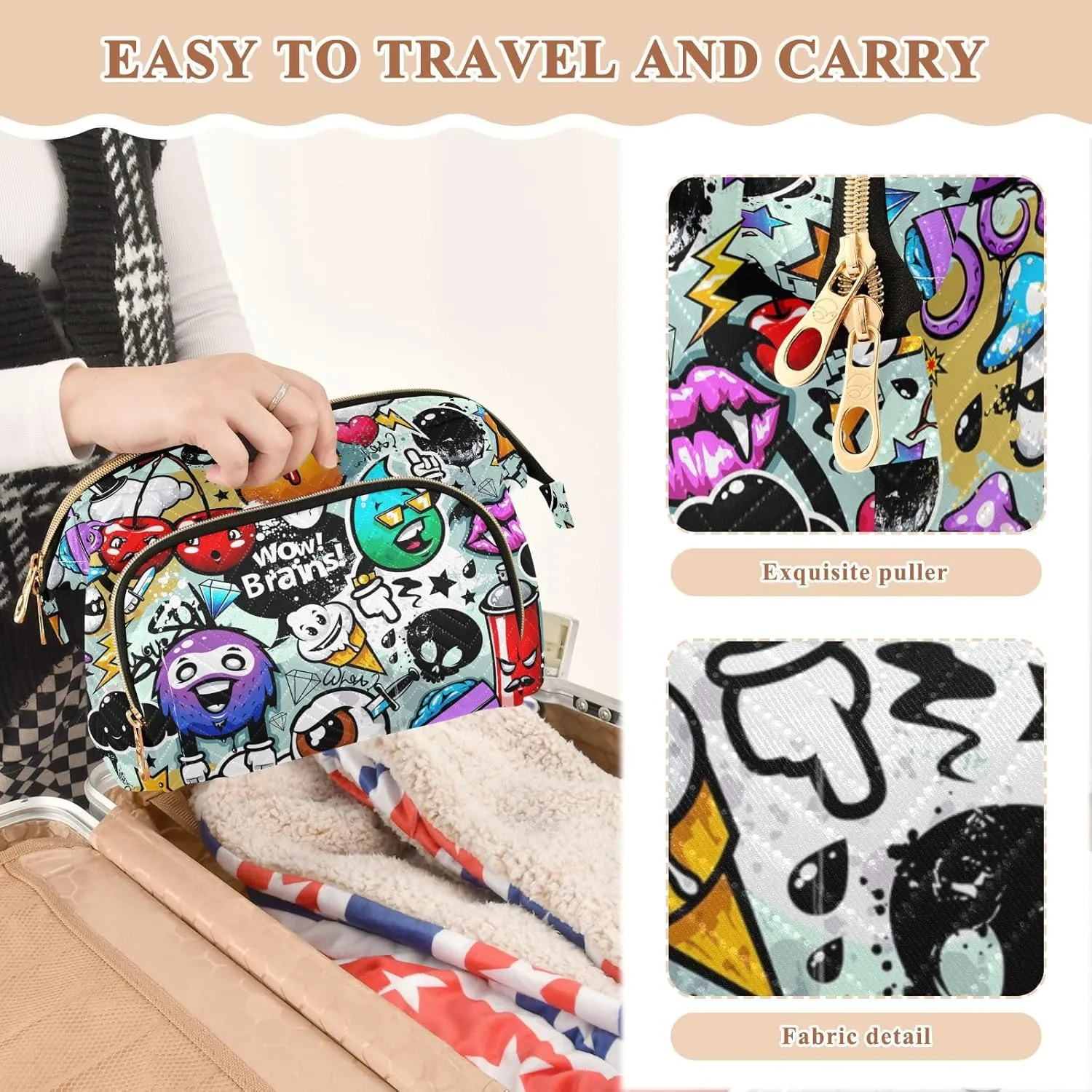 Women Wave Quilt Cosmetic Bag, Zipper Toiletry Storage 10.2x5.9x6.7 in, Pouch Handbag Makeup Case Purse Holder Organizer Print Graffiti Bizarre Zombies Seamless