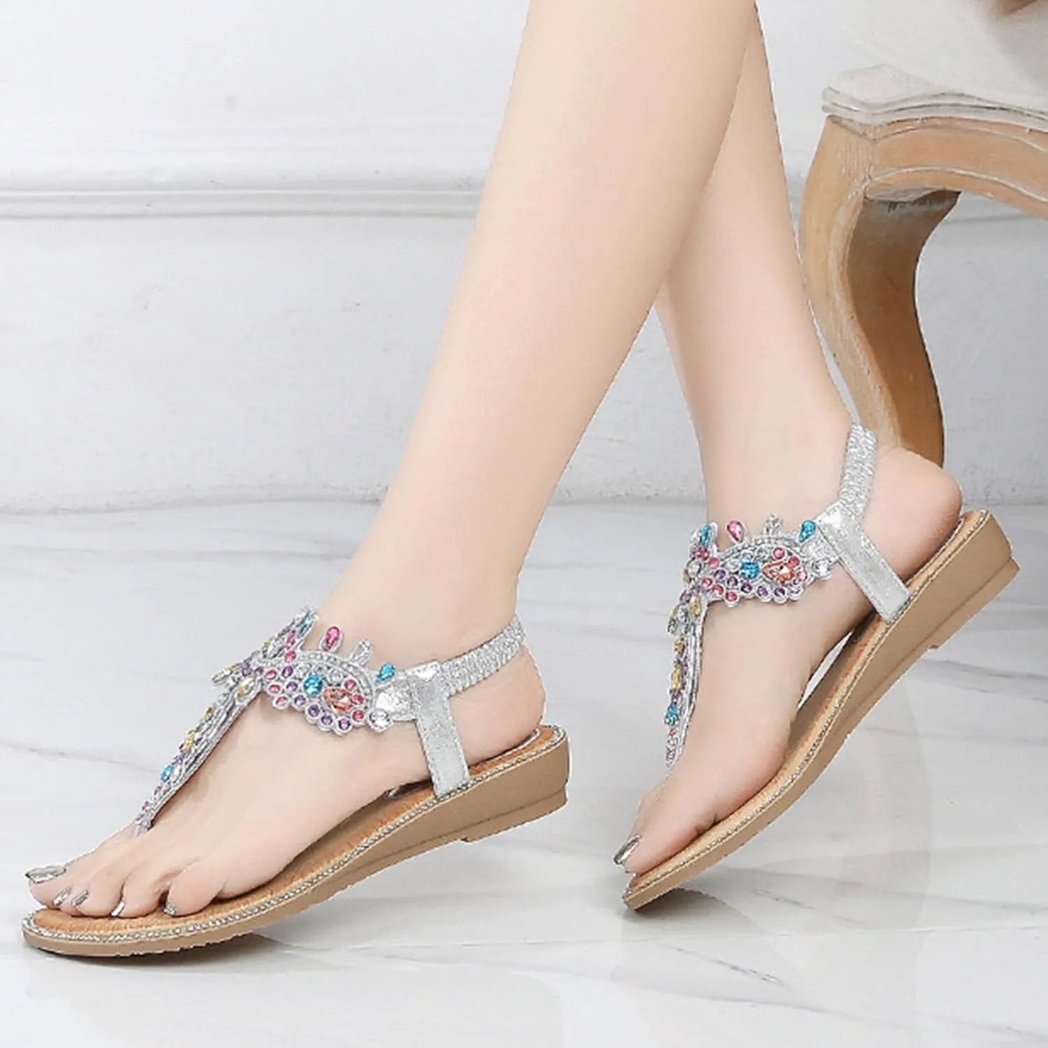 Women's Bohemian Ethnic Sandals Arch Support Rhinestone Dressy Sandals Summer Temperament Sandal for Women