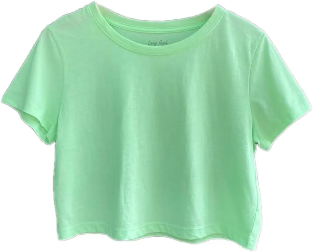 Women's Boxy Crop Top Round Neck Short Sleeve Casual 100% Cotton Cropped Tee T-Shirt