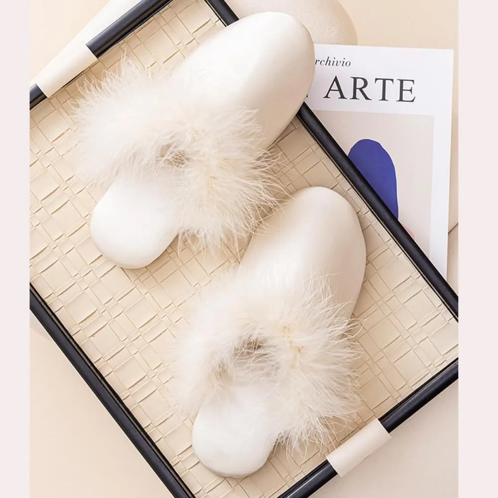 Women's Bride Slippers With Fluffy Satin Bridesmaid Slides Fuzzy Trim for Wedding Party Home Outdoor Use