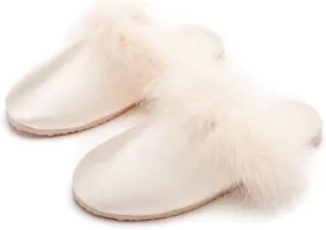Women's Bride Slippers With Fluffy Satin Bridesmaid Slides Fuzzy Trim for Wedding Party Home Outdoor Use