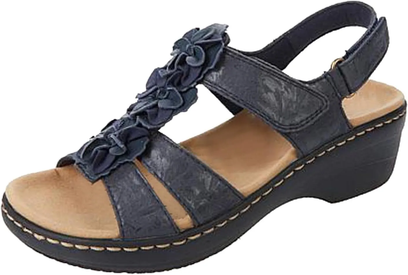 Womens Casual Summer Sandals Open Toe Ankle Strap Comfortable Wedge Sandal with Arch Support Flower Trendy Beach Shoes