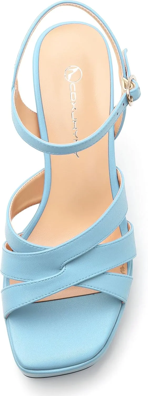 Women's Chunky Platform High Heels Block Heeled Sandals Open Square Toe Ankle Strap Dress Wedding Party Sandal Shoes 3.3''