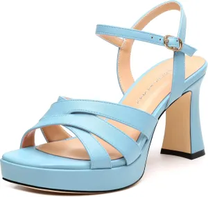 Women's Chunky Platform High Heels Block Heeled Sandals Open Square Toe Ankle Strap Dress Wedding Party Sandal Shoes 3.3''