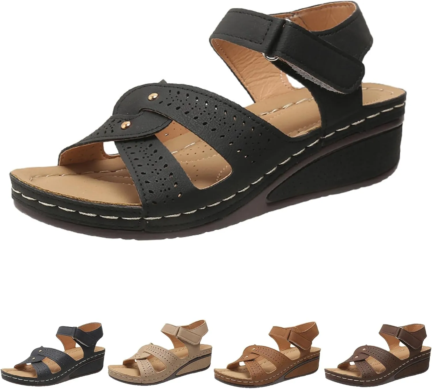 Womens Comfortable Sandals Comfortable Summer Slip On Wedge Sandals Open Toe Cutout Slides Shoes Dressy Casual Hook and Loop Fastener Shoes Dressy Summer Shoe