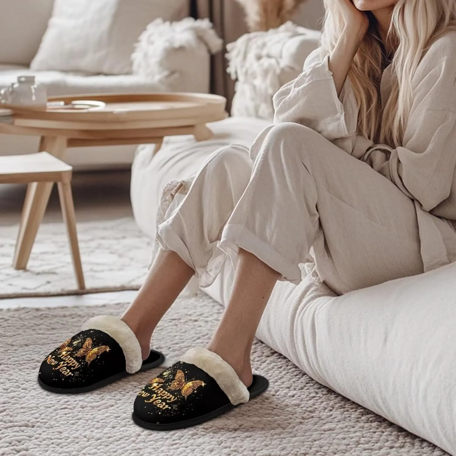 Women's Cotton Slipper Warm Furry Bedroom House Slipper Soft Fluffy Collar Winter Non-Slip House Outdoor Slipper for Ladies XS-XL