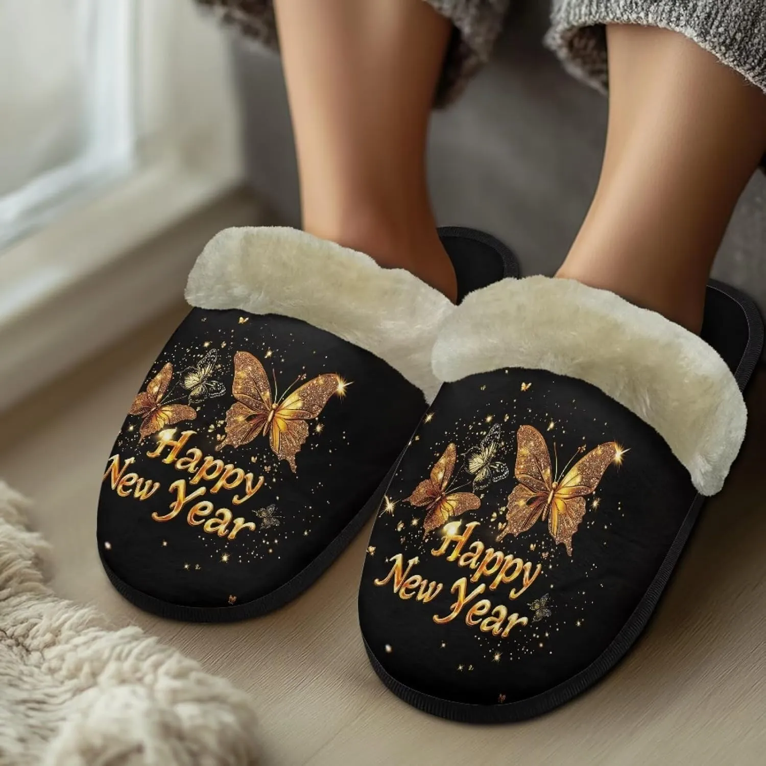 Women's Cotton Slipper Warm Furry Bedroom House Slipper Soft Fluffy Collar Winter Non-Slip House Outdoor Slipper for Ladies XS-XL