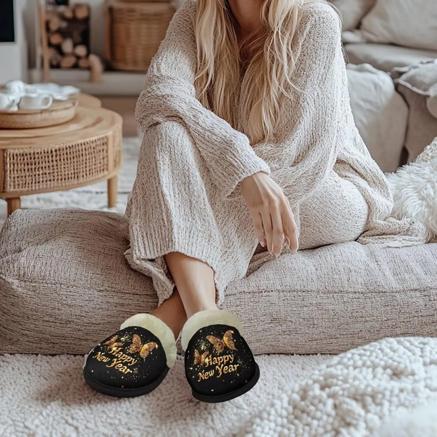 Women's Cotton Slipper Warm Furry Bedroom House Slipper Soft Fluffy Collar Winter Non-Slip House Outdoor Slipper for Ladies XS-XL