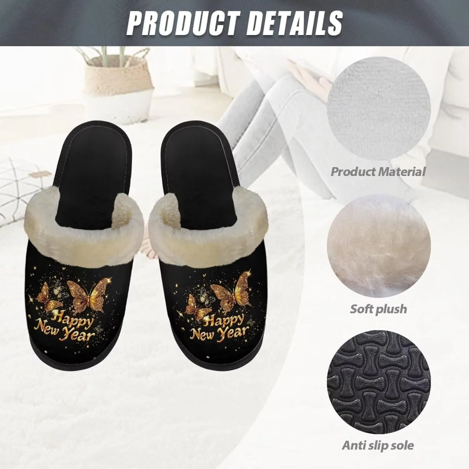 Women's Cotton Slipper Warm Furry Bedroom House Slipper Soft Fluffy Collar Winter Non-Slip House Outdoor Slipper for Ladies XS-XL