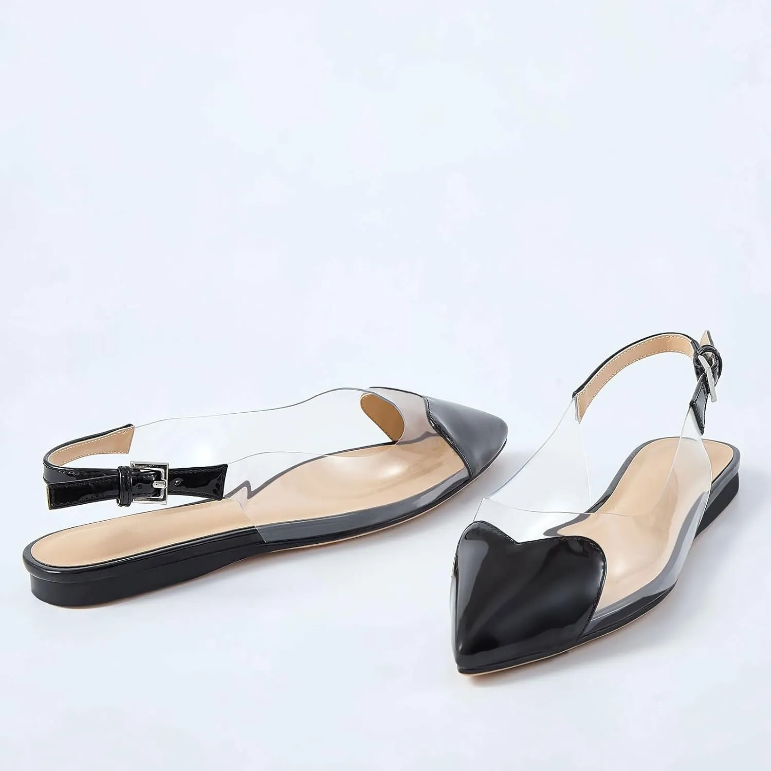 Women's Fashion Pointed Toe Heart Transparent PVC Slingback Flat Shoes Comfort Slip On Cap Toe Clear Ballet Flats Work Wedding Dress Flat Shoes for Women