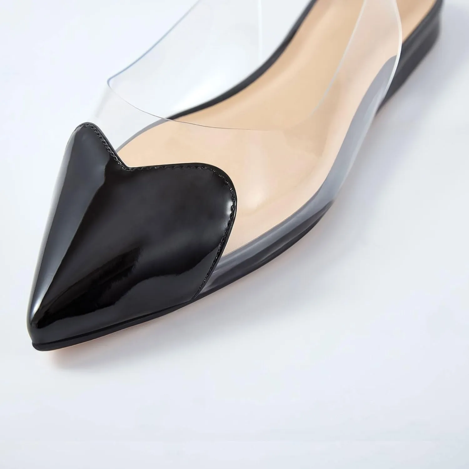 Women's Fashion Pointed Toe Heart Transparent PVC Slingback Flat Shoes Comfort Slip On Cap Toe Clear Ballet Flats Work Wedding Dress Flat Shoes for Women