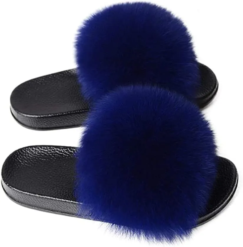 Women's Faux Fur Slippers Open Toe Fuzzy Slippers Cute Furry Slides