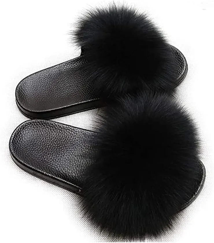 Women's Faux Fur Slippers Open Toe Fuzzy Slippers Cute Furry Slides