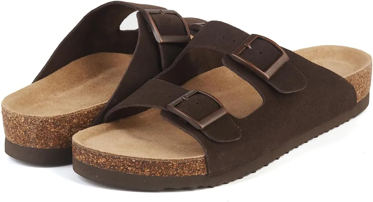 Women's Flat Sandals Cork Footbed 2 Straps Slide Sandal with Adjustable Buckle Slip on Slippers