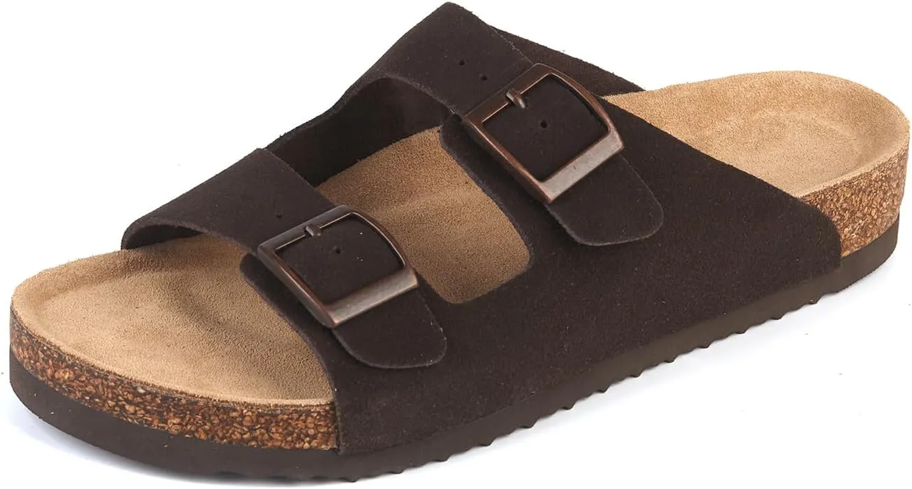 Women's Flat Sandals Cork Footbed 2 Straps Slide Sandal with Adjustable Buckle Slip on Slippers