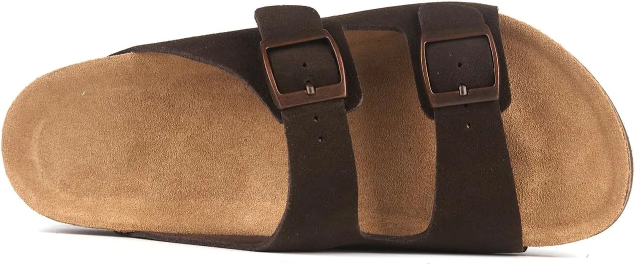 Women's Flat Sandals Cork Footbed 2 Straps Slide Sandal with Adjustable Buckle Slip on Slippers