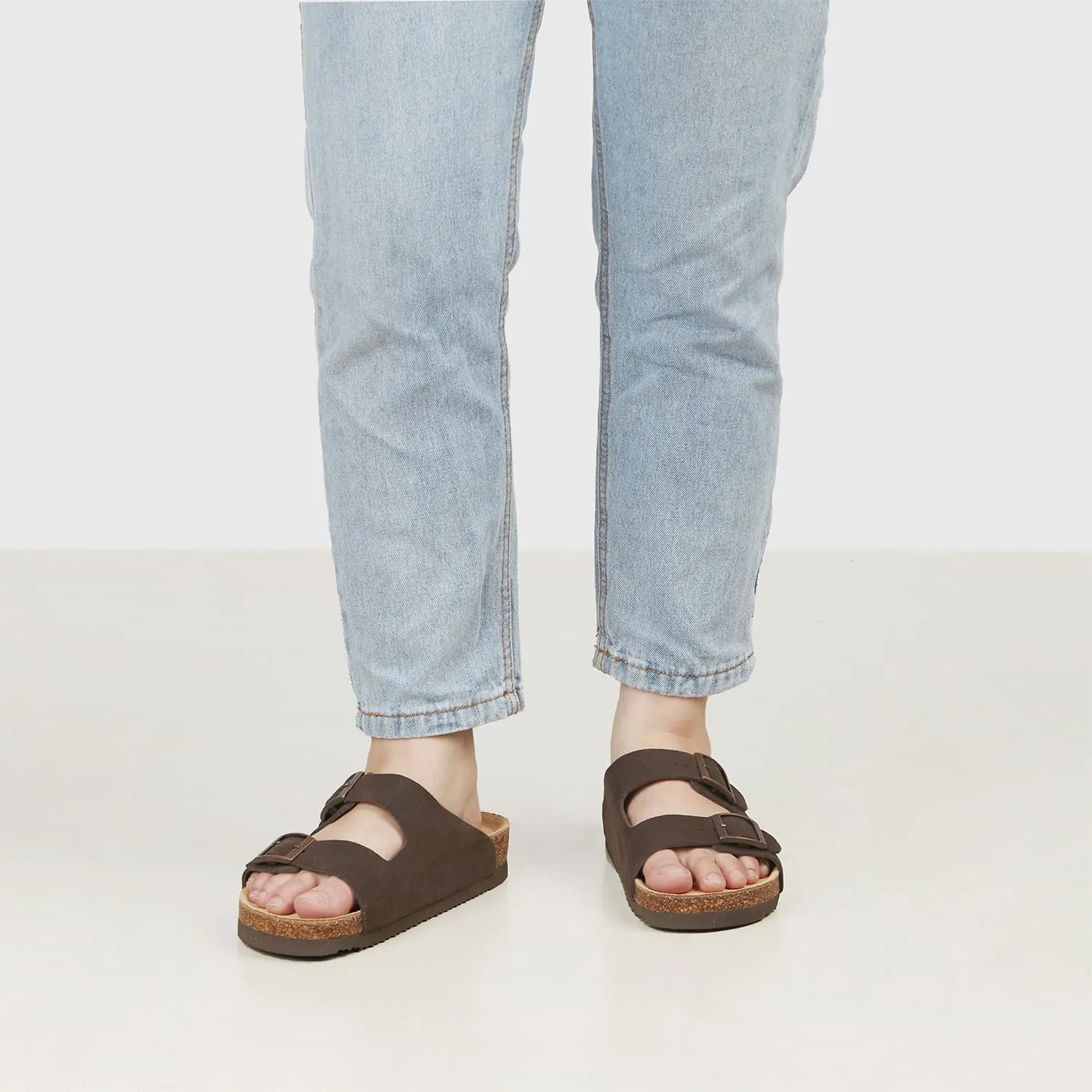 Women's Flat Sandals Cork Footbed 2 Straps Slide Sandal with Adjustable Buckle Slip on Slippers