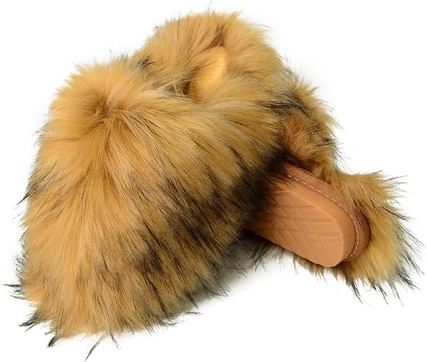 Womens Fluffy Faux Fur Slides Furry Soft Plush House Slippers Shoes Indoor Outdoor Slip On Slipper
