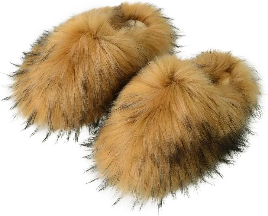 Womens Fluffy Faux Fur Slides Furry Soft Plush House Slippers Shoes Indoor Outdoor Slip On Slipper