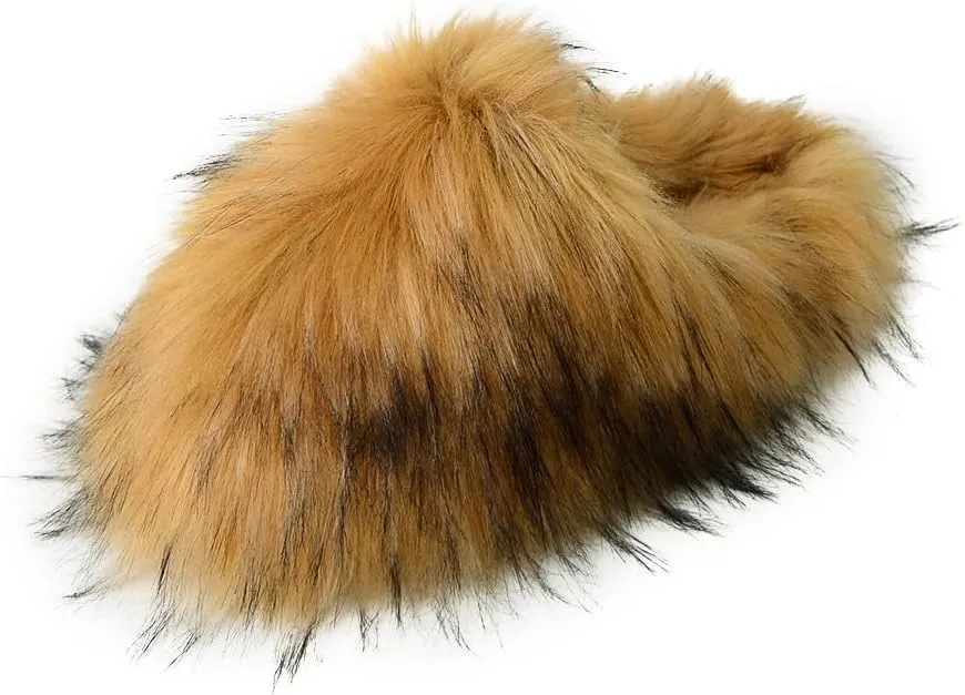 Womens Fluffy Faux Fur Slides Furry Soft Plush House Slippers Shoes Indoor Outdoor Slip On Slipper