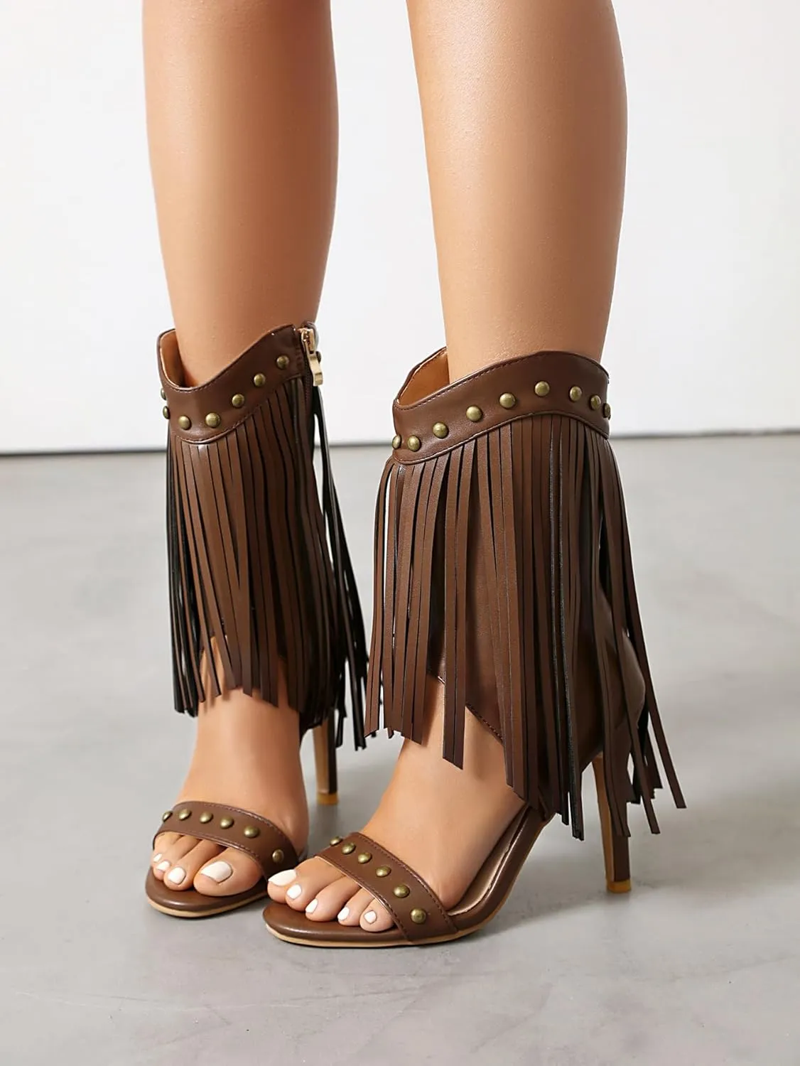 Women's Fringed High Heels Side Zipper Ankle Sandal Boots Studded Heeled Sandals