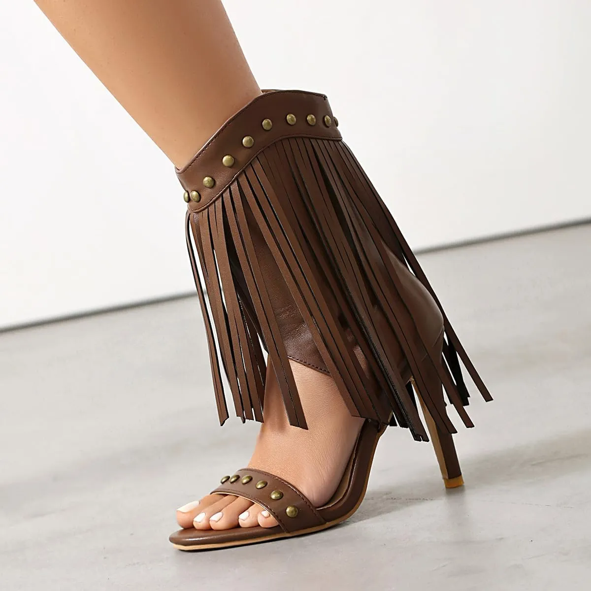 Women's Fringed High Heels Side Zipper Ankle Sandal Boots Studded Heeled Sandals