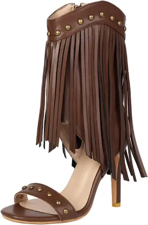 Women's Fringed High Heels Side Zipper Ankle Sandal Boots Studded Heeled Sandals