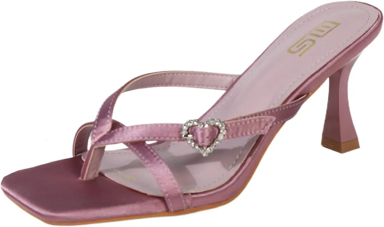 Women's Heart Shaped Buckle Thong Stiletto Sandals Fashion Slip On Square Open Toe Kitten Heel Flip Flops Summer T Strap High Heel Dressy Slide Shoes