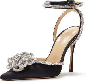 Women's Heeled Sandals Pointed Toe Crystal Heart Glitter Pumps Rhinestones Embellished Ankle Strap Slip-On Stilettos Wedding Party Dress Shoes