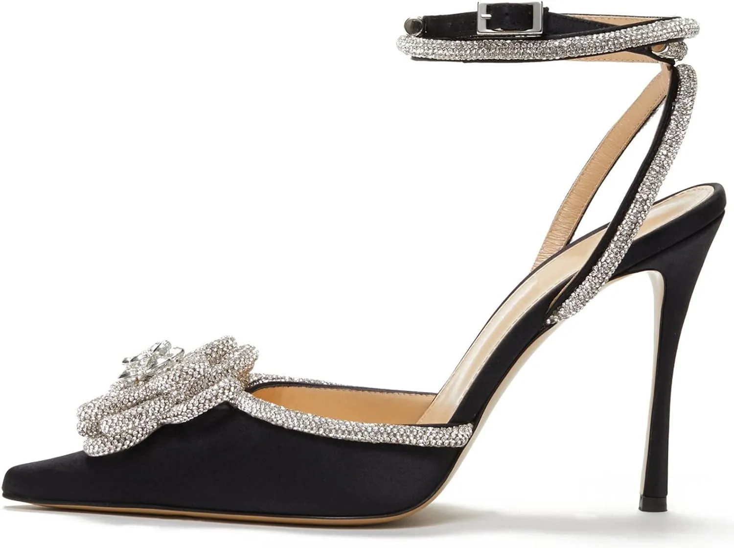 Women's Heeled Sandals Pointed Toe Crystal Heart Glitter Pumps Rhinestones Embellished Ankle Strap Slip-On Stilettos Wedding Party Dress Shoes