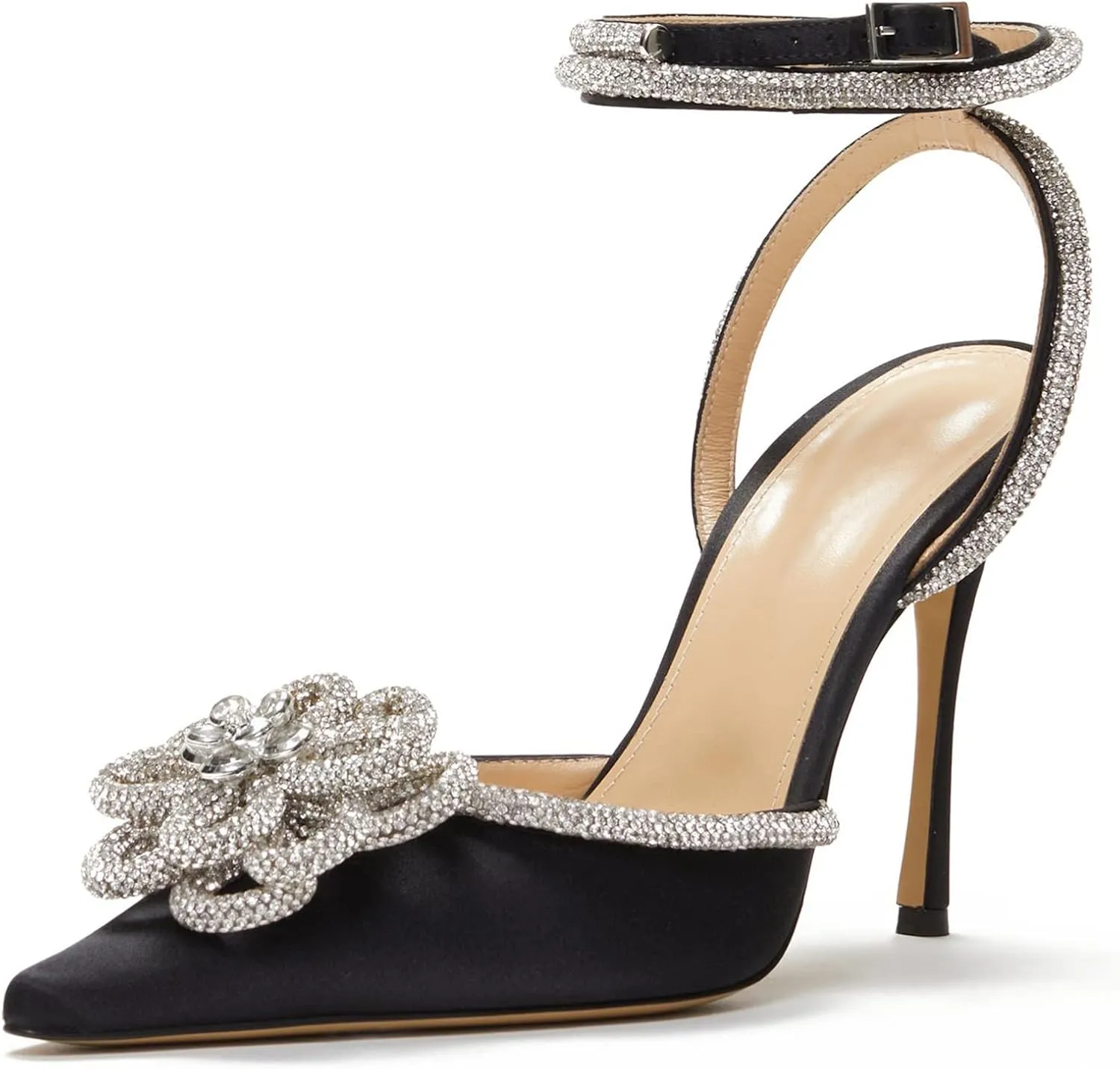 Women's Heeled Sandals Pointed Toe Crystal Heart Glitter Pumps Rhinestones Embellished Ankle Strap Slip-On Stilettos Wedding Party Dress Shoes