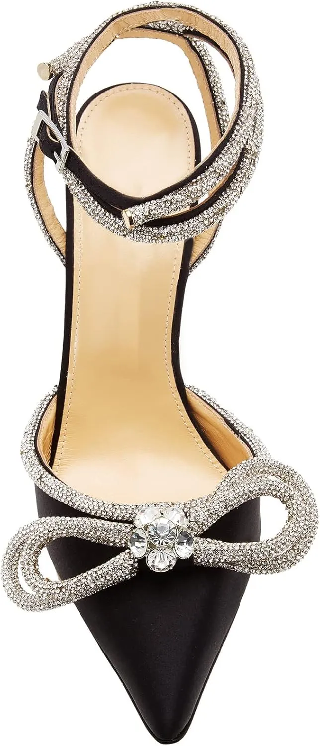 Women's Heeled Sandals Pointed Toe Crystal Heart Glitter Pumps Rhinestones Embellished Ankle Strap Slip-On Stilettos Wedding Party Dress Shoes