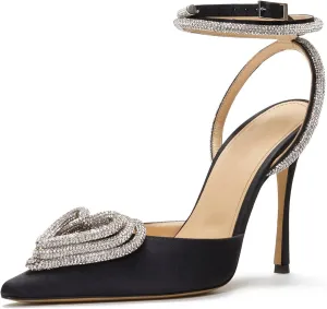 Women's Heeled Sandals Pointed Toe Crystal Heart Glitter Pumps Rhinestones Embellished Ankle Strap Slip-On Stilettos Wedding Party Dress Shoes