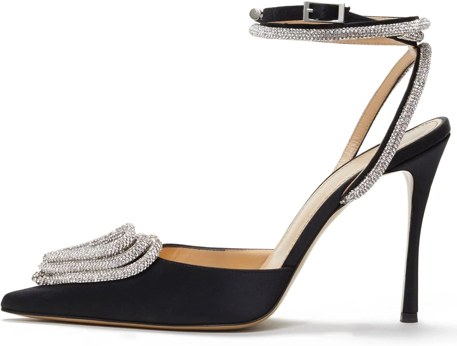 Women's Heeled Sandals Pointed Toe Crystal Heart Glitter Pumps Rhinestones Embellished Ankle Strap Slip-On Stilettos Wedding Party Dress Shoes
