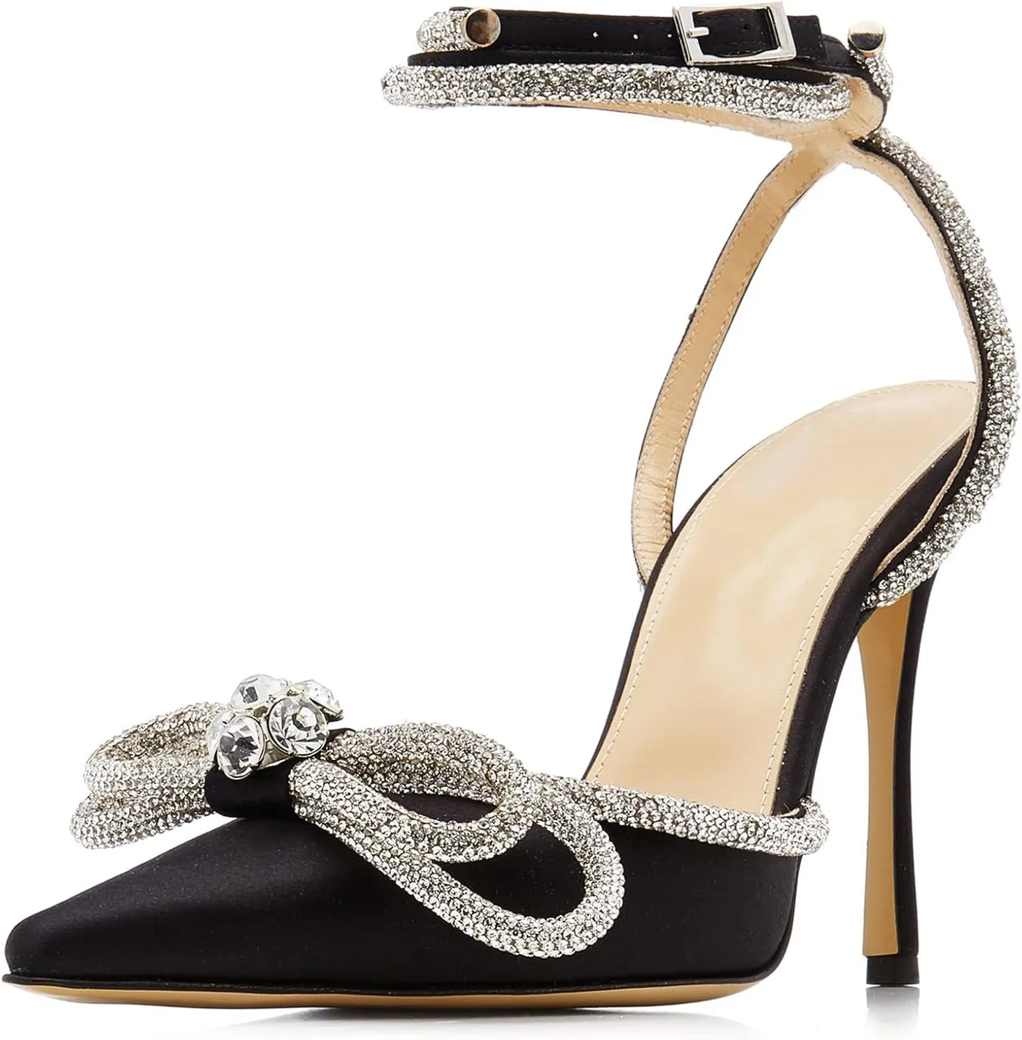 Women's Heeled Sandals Pointed Toe Crystal Heart Glitter Pumps Rhinestones Embellished Ankle Strap Slip-On Stilettos Wedding Party Dress Shoes