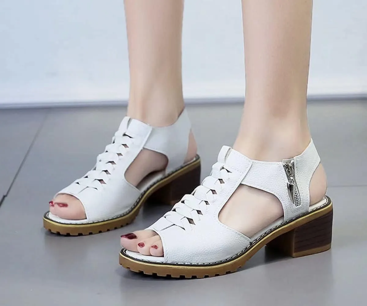 Women's High Heel Sandals Cross Cutout Ankle Strap Chunky Heel Sandals Open Toe Side Zip Mid Heel Sandals Summer Casual Beach Sandals