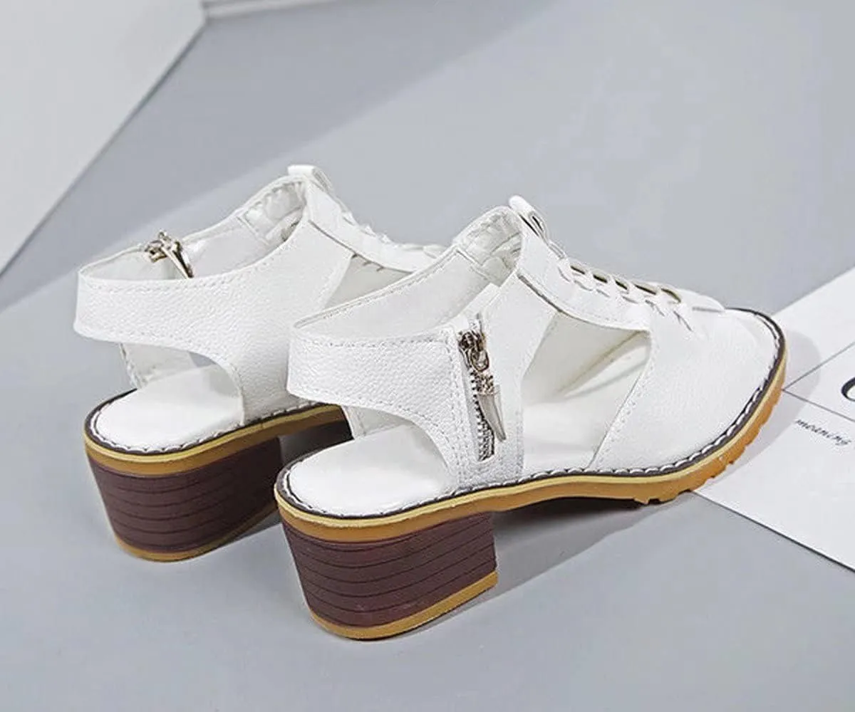 Women's High Heel Sandals Cross Cutout Ankle Strap Chunky Heel Sandals Open Toe Side Zip Mid Heel Sandals Summer Casual Beach Sandals