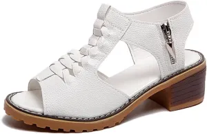 Women's High Heel Sandals Cross Cutout Ankle Strap Chunky Heel Sandals Open Toe Side Zip Mid Heel Sandals Summer Casual Beach Sandals