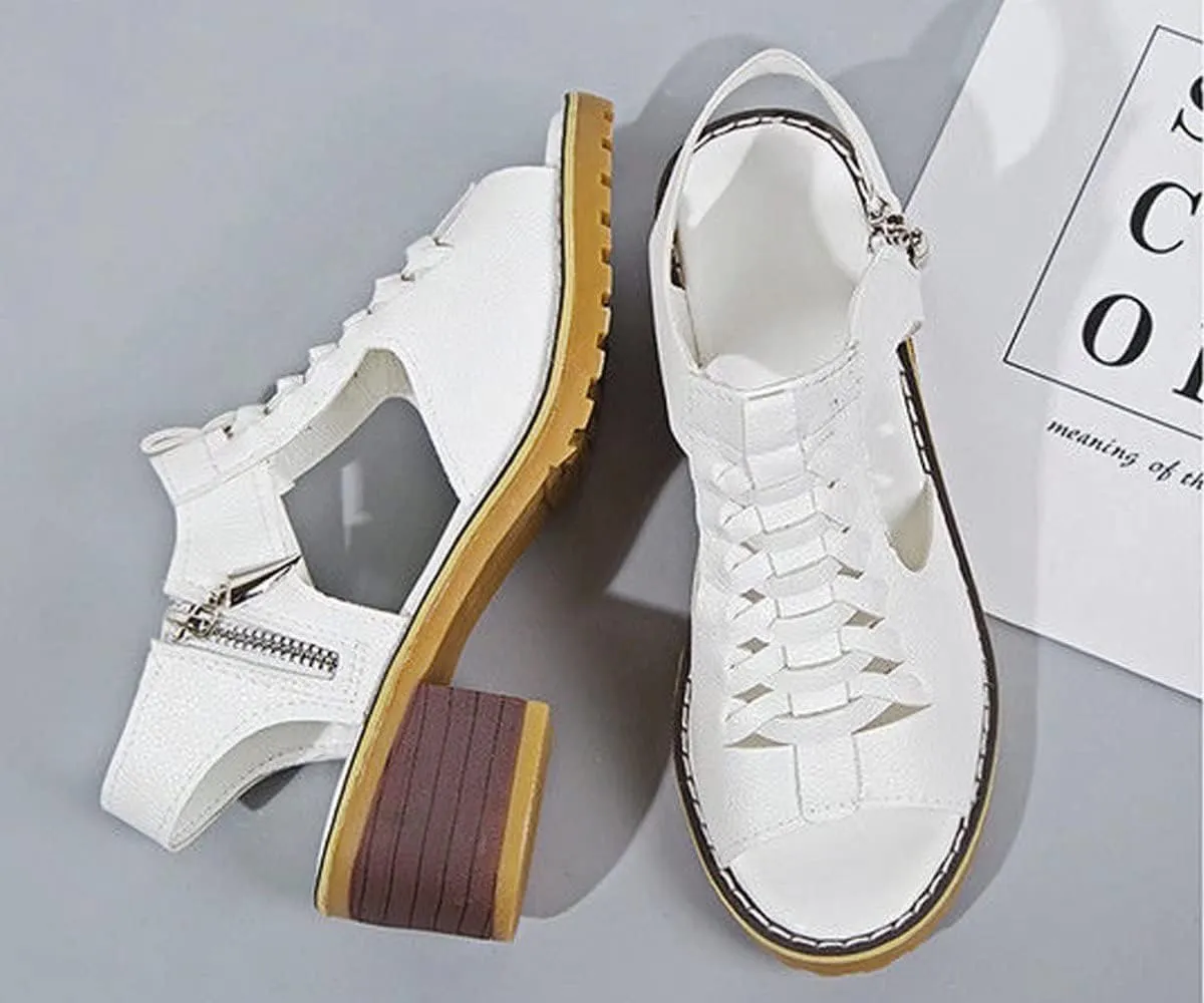Women's High Heel Sandals Cross Cutout Ankle Strap Chunky Heel Sandals Open Toe Side Zip Mid Heel Sandals Summer Casual Beach Sandals